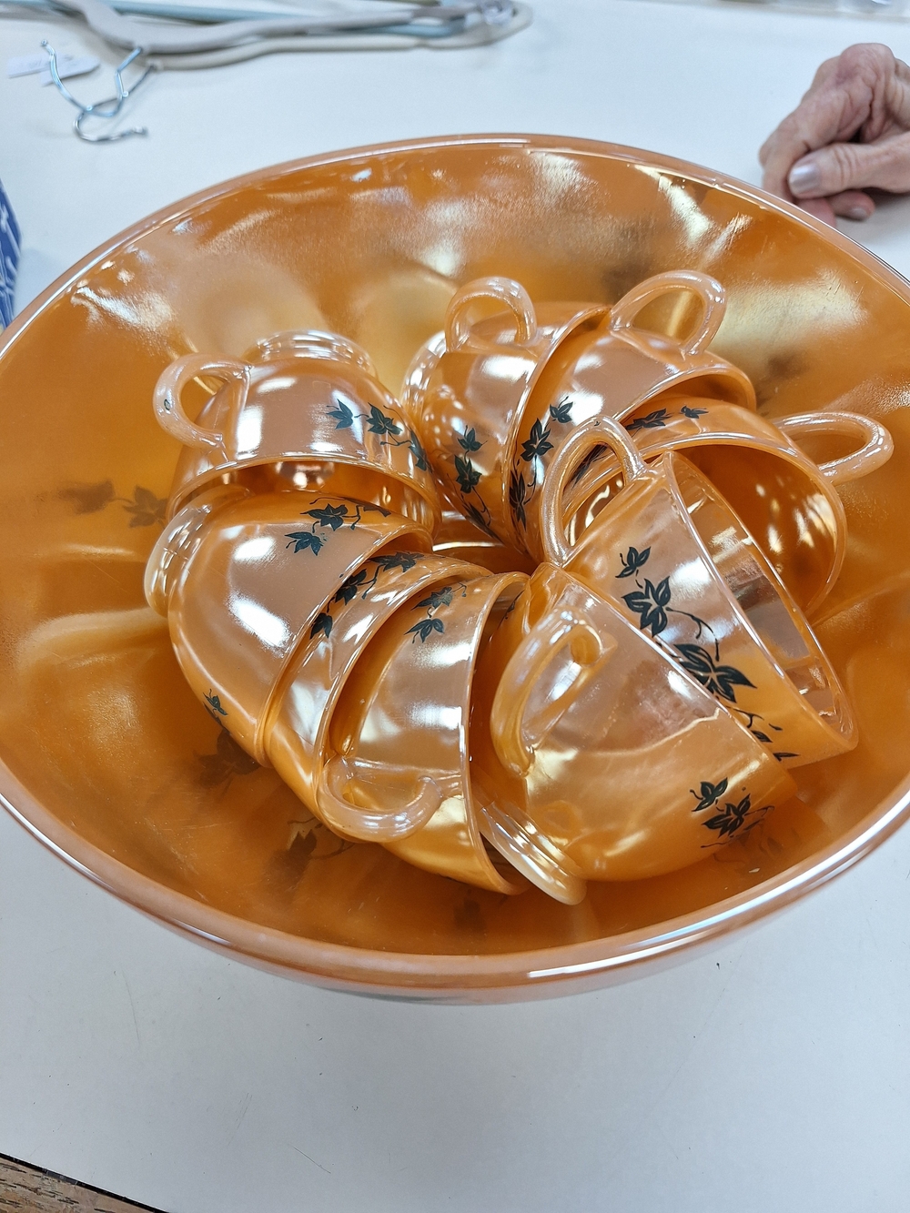 Vintage Marigold Carnival Glass Punch Bowl with Matching Cups